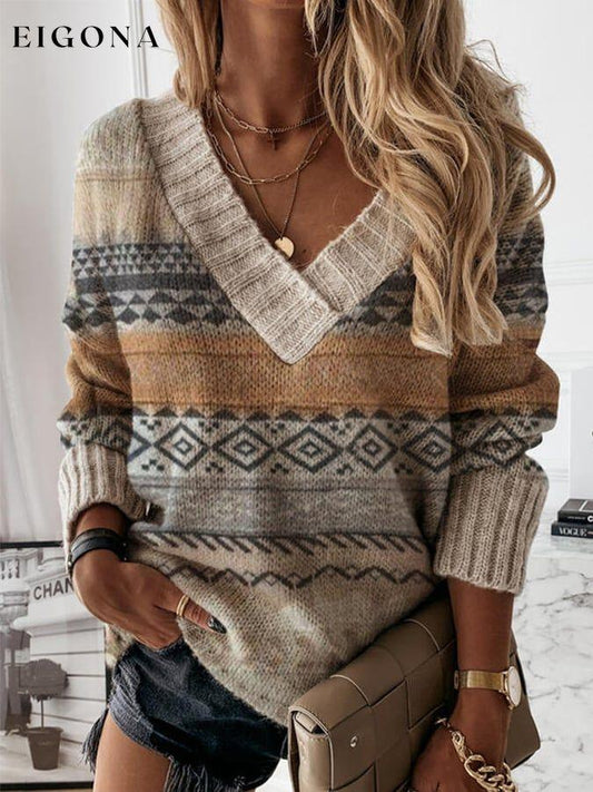 Women's ethnic geometric knitted V-neck sweater sweatshirts top tops winter sale