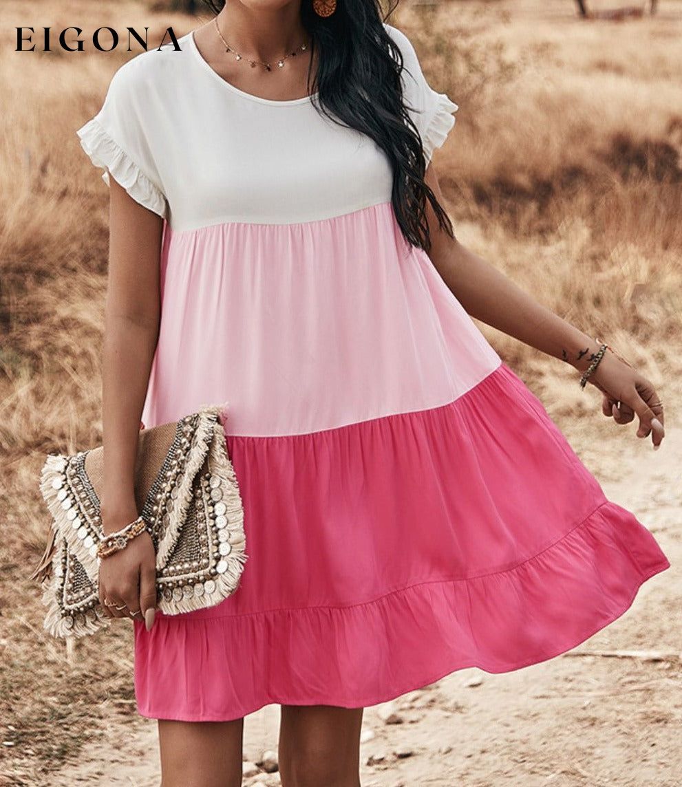 Color Block Round Neck Tiered Dress Hot Pink clothes dress dresses DY Ship From Overseas short dresses trend