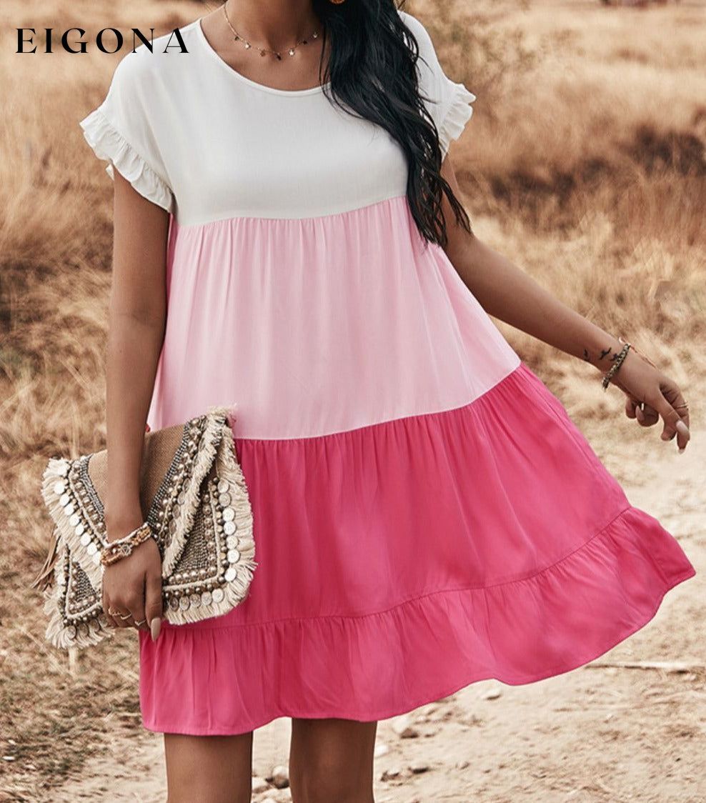 Color Block Round Neck Tiered Dress clothes dress dresses DY Ship From Overseas short dresses trend