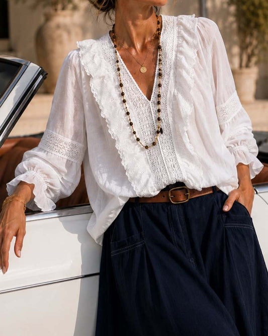 V-Neck Solid Color Lace Blouse blouses & shirts spring summer