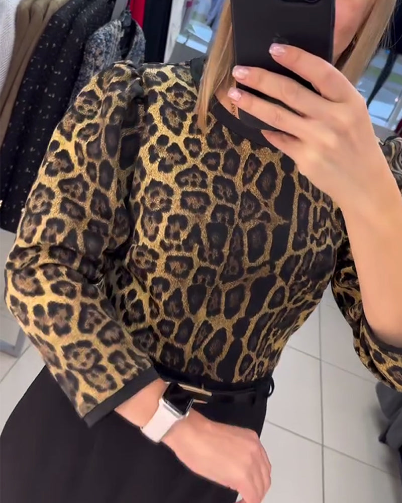 Puff Sleeve Leopard Print Slit Dress