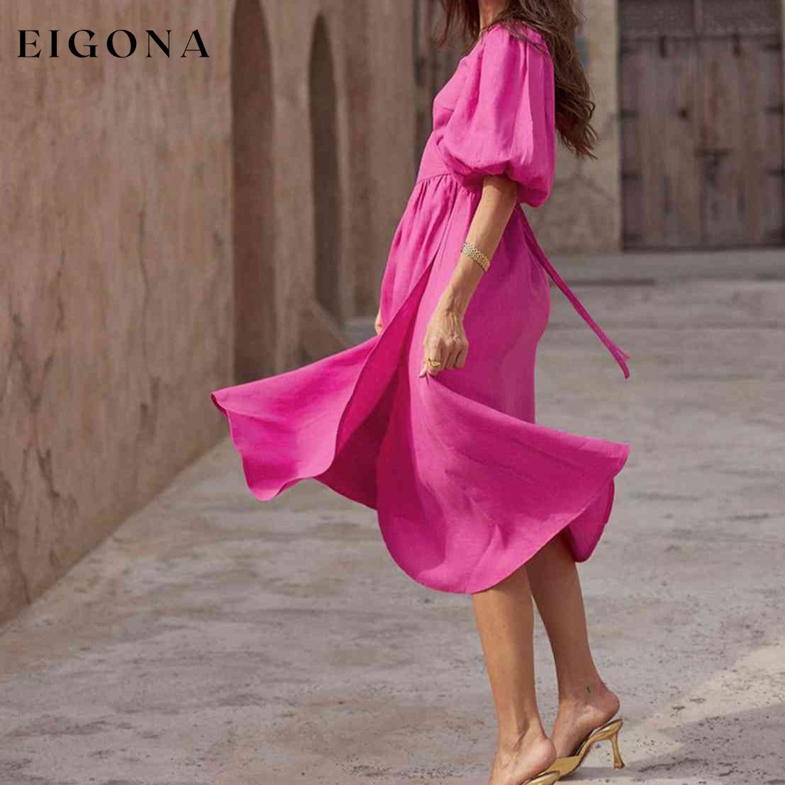 Surplice Balloon Sleeves Slit Short Sleeve Tied Dress Hot Pink buy this casual dresses clothes dresses Maxi maxi dress maxi dresses Q@S Ship From Overseas short dresses