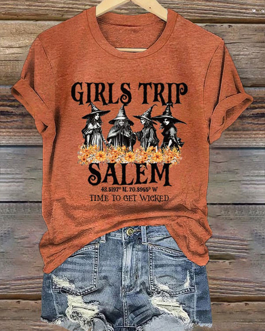 Women's Girl's Trip Salem Time To Get Wicked Halloween Printed T-Shirt 2024 f/w halloween spring summer t-shirts