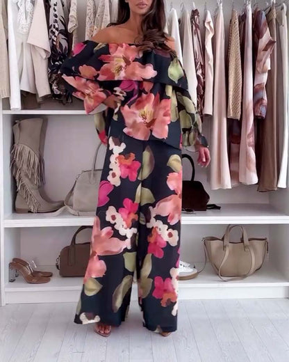 Off-Shoulder Printed Casual Suit