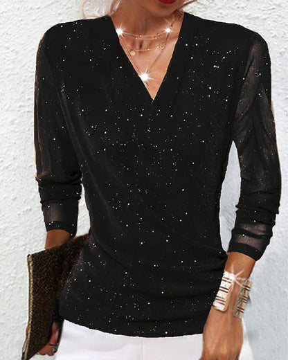 V-Neck Mesh Sequin Temperamental Top