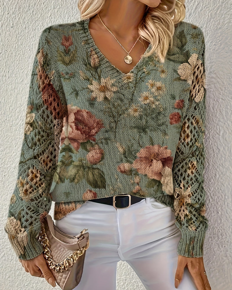 Jacquard V-Neck Hollow Long-Sleeved Pullover