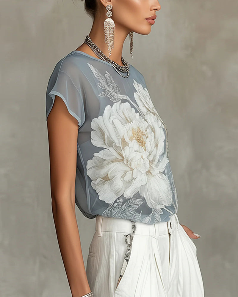 Peony Print Semi-Sheer Sleeveless Blouse