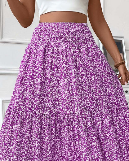 Layered Tiny Flower Print A-Line Long Skirt
