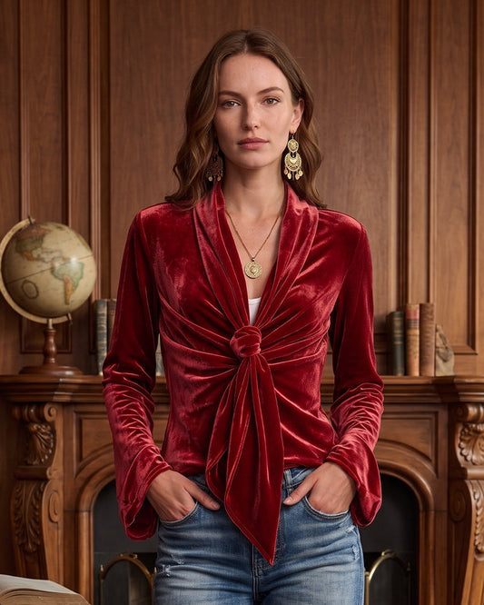 V-Neck Knot Shirred Long-Sleeved Top 2024 f/w spring tops