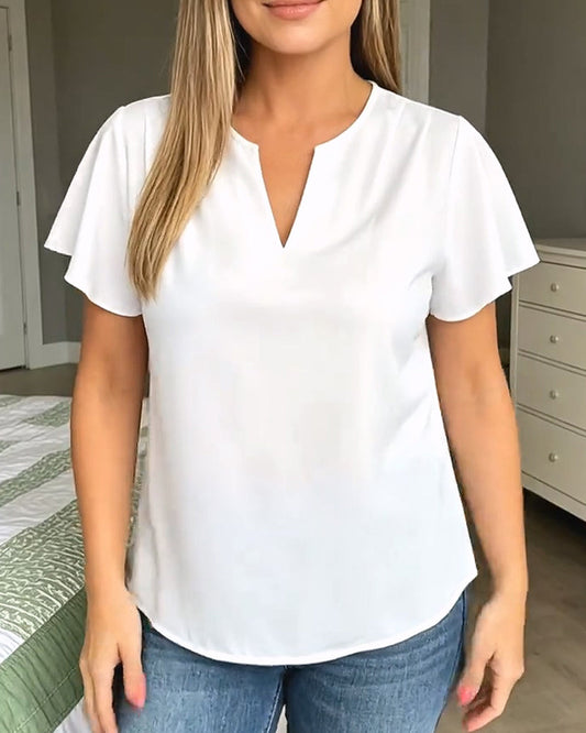 Lotus Leaf V-Neck Solid Color Blouse blouses & shirts spring summer