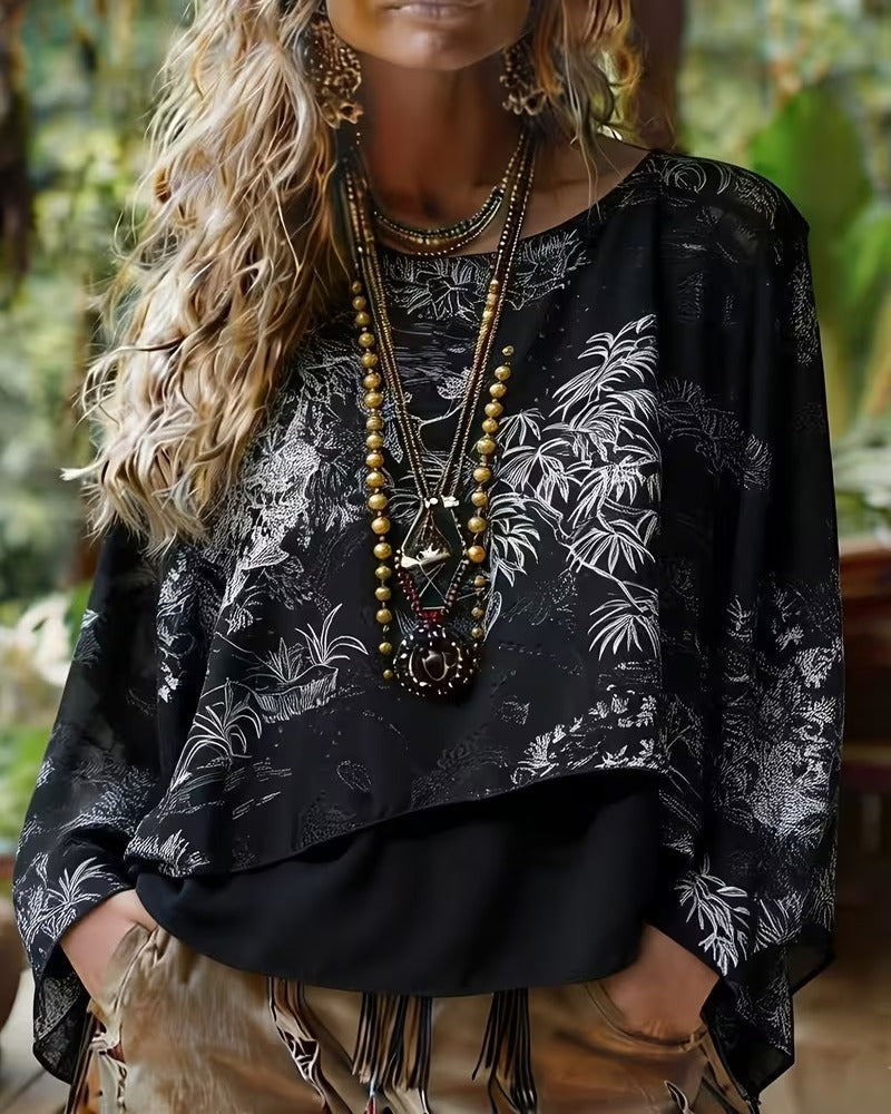 Botanical Print Batwing-Sleeve Blouse