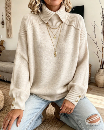 High Collar Buttoned Loose Pullover