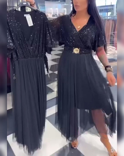 V-Neck Mesh Hem Fashion Dress