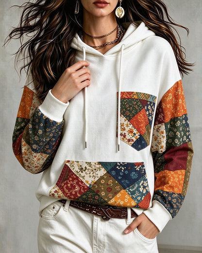Patchwork Print Hooded Hoodie