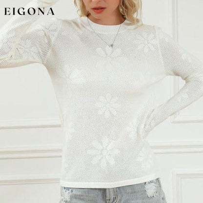 Floral Eyelet Round Neck Long Sleeve Knit Top clothes Ship From Overseas SYNZ