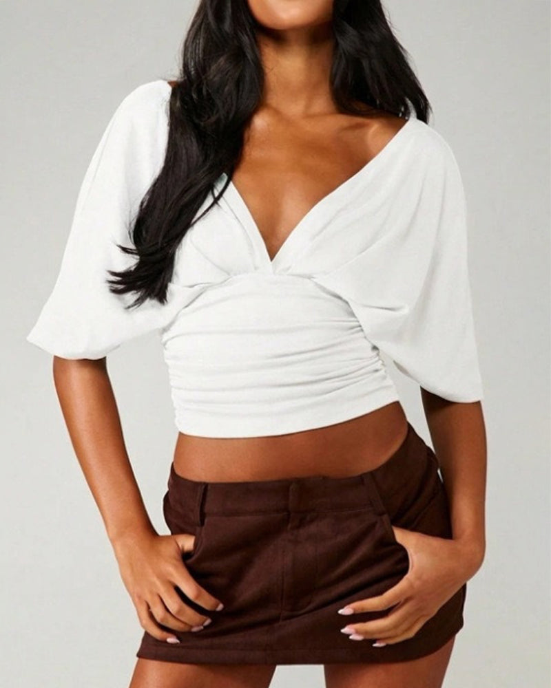 V-Neck Batwing Sleeve Waist Tie Top