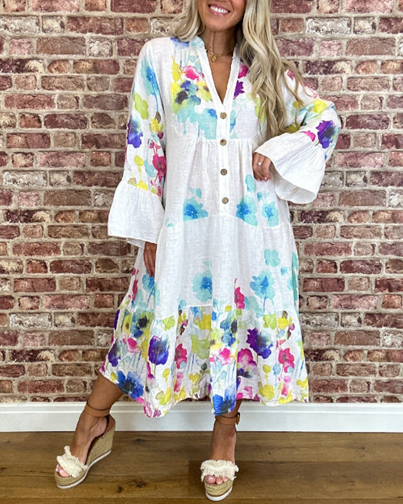 Colorful floral print bell sleeve casual dress 202466 casual dresses spring summer