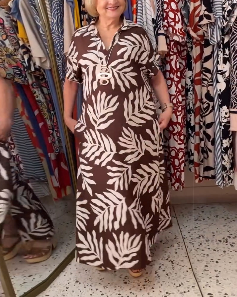 Botanical Leaf Print Short-Sleeve Lapel Dress
