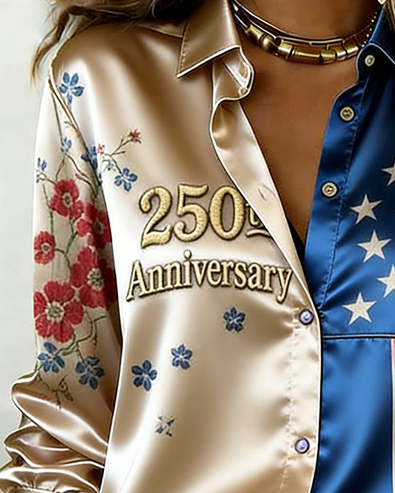 Contrast Lapel Printed Blouse