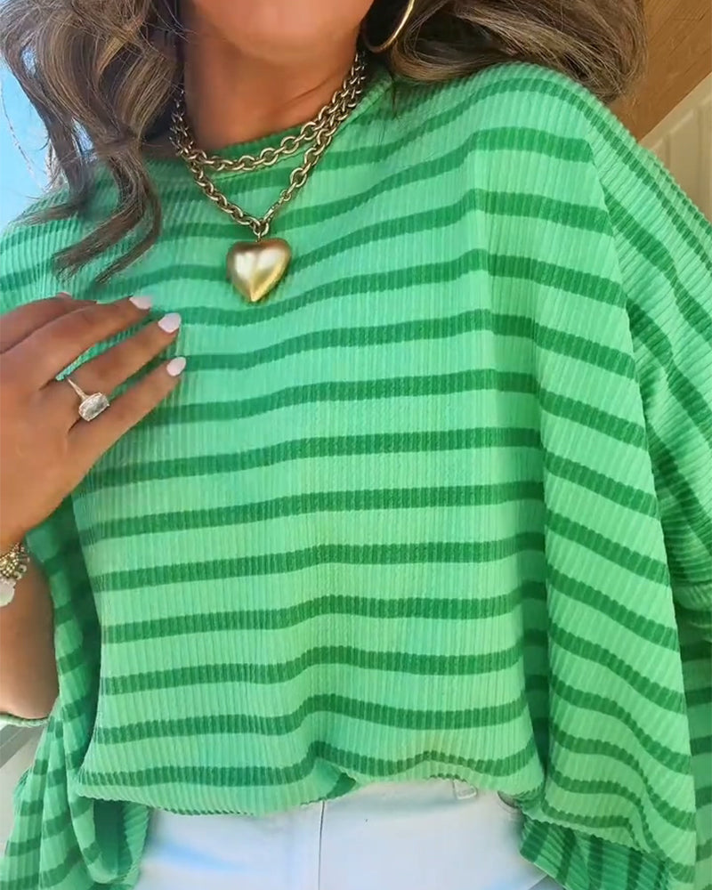 Loose Fit Stripe Slit Batwing Sleeve T-Shirt
