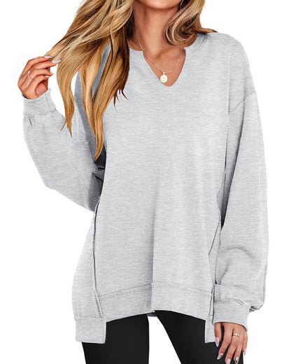 V-Neck Solid Color Loose Sweatshirt