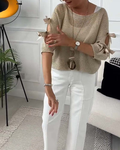 Elegant solid color round neck bow pullover 2023 f/w 202466 pullovers spring