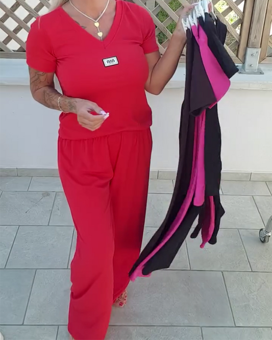 V-Neck Casual Wide-Leg Pants Suit spring summer two-piece sets