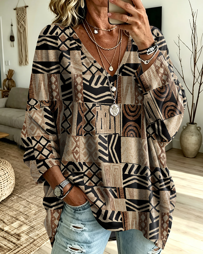 V-Neck Three-Quarter Sleeve Print Loose Top