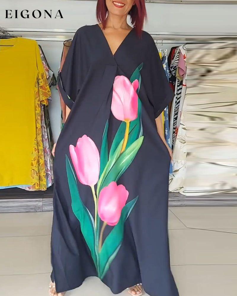 Floral print V-neck slit long dress casual dresses spring summer