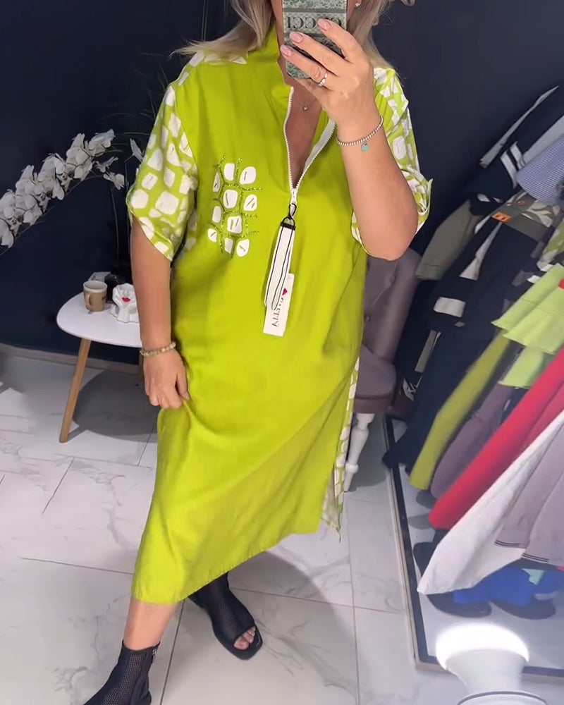 Half Zipper Printed Irregular Slit Dress