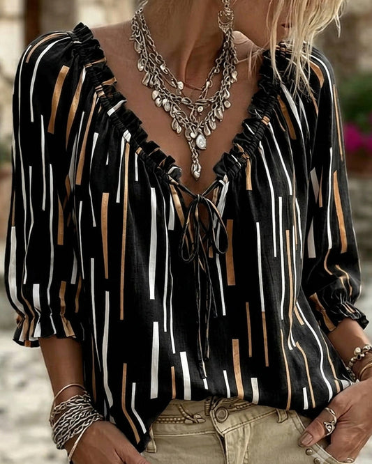 V-Neck Ruffle Trim Stripe Blouse blouses & shirts spring summer