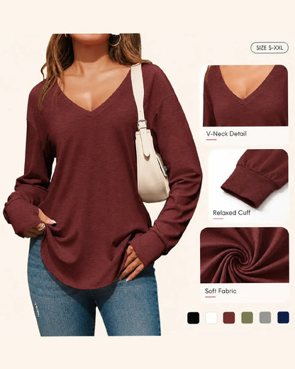 V-Neck Drop-Shoulder Solid Loose-Fit Top