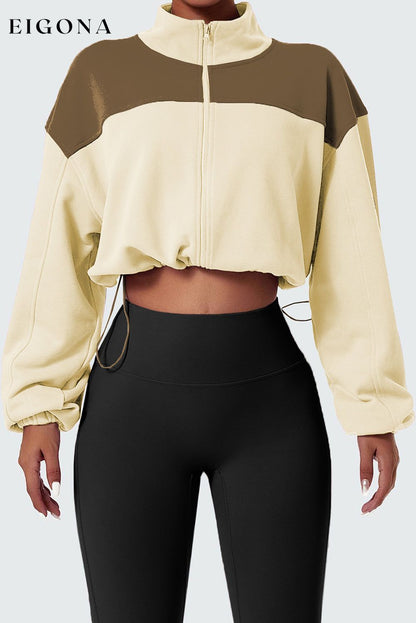 Beige Color Block Drawstring Cropped Athleisure Jacket Beige 50%Polyester+50%Cotton clothes Occasion Daily Print Color Block Season Fall & Autumn Style Casual