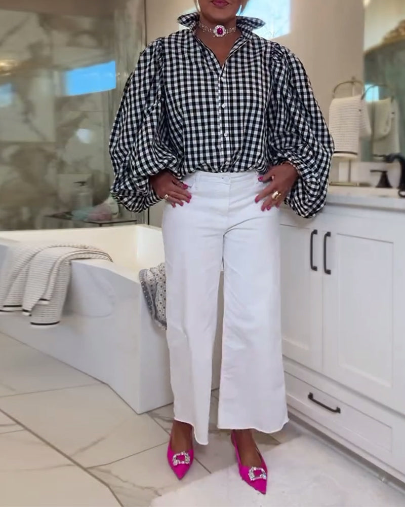 Casual Lantern Sleeve Plaid Shirt