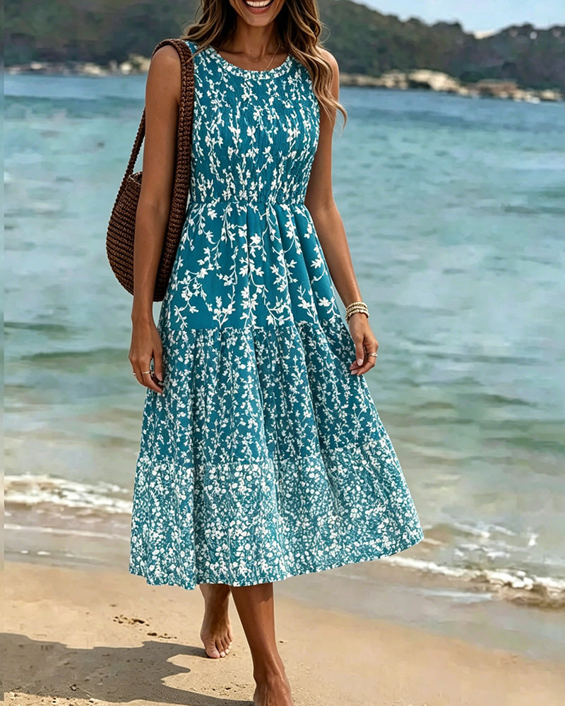 Sleeveless Floral Waist-Cinching A-Line Dress casual dresses spring summer