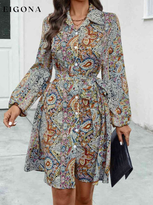Printed Collared Neck Long Sleeve Dress Light Gray clothes Ship From Overseas YO