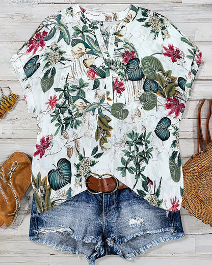 V-Neck Botanical Print Casual Blouse