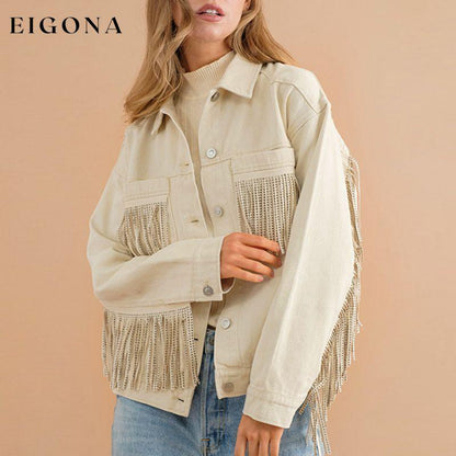 Fringe Detail Dropped Shoulder Denim Jacket clothes DE.O.Z.X Ship From Overseas Shipping Delay 09/29/2023 - 10/06/2023 trend