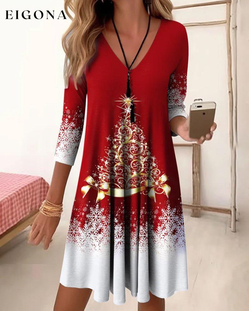 Long-Sleeved Printed V-Neck Knee-Length Dress 23BF casual dresses christmas Clothes Dresses fall winter