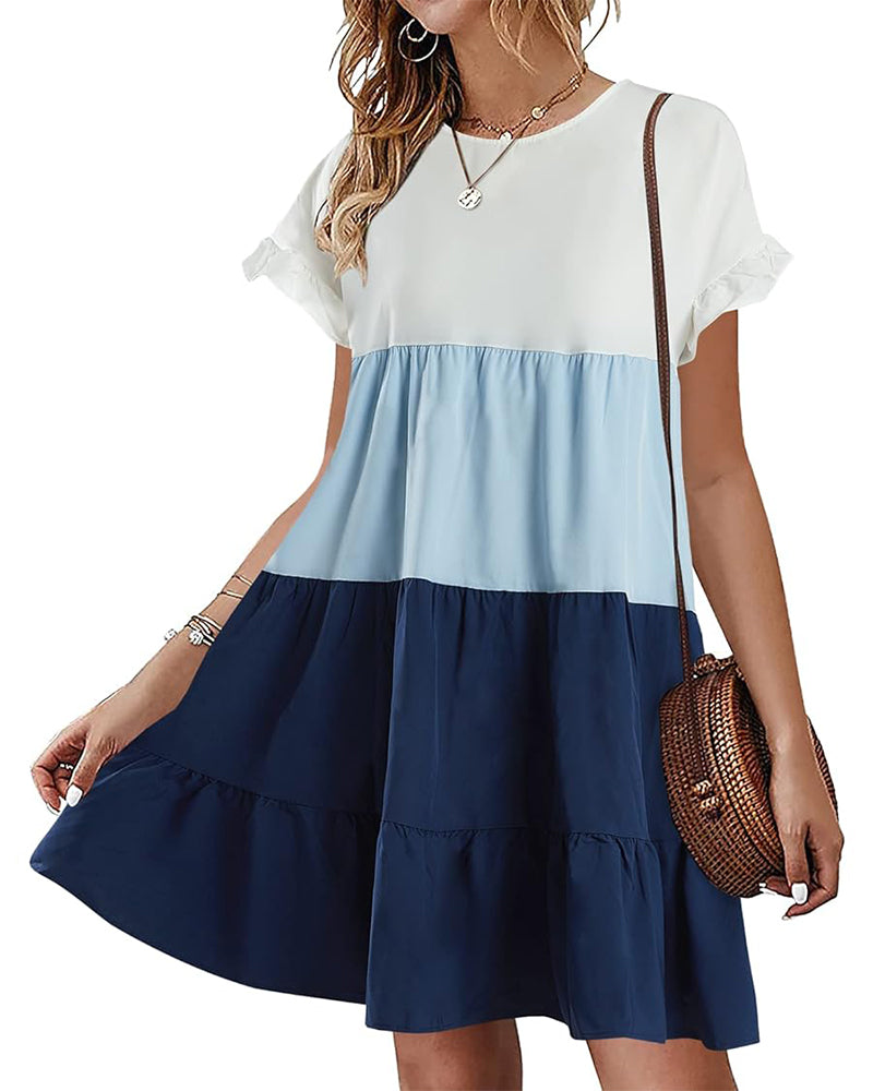 Color block round neck short sleeve ruffle dress casual dresses summer