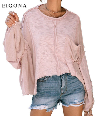 Pink Exposed Seam Chest Pocket Loose Sleeve Oversized Top clothes Color Pink Craft Patchwork Early Fall Collection EDM Monthly Recomend Fabric Ribbed long sleeve top Occasion Daily Print Solid Color Season Fall & Autumn Style Southern Belle top tops