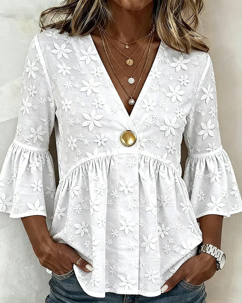V-Neck Flared Sleeve Cinched Waist Blouse