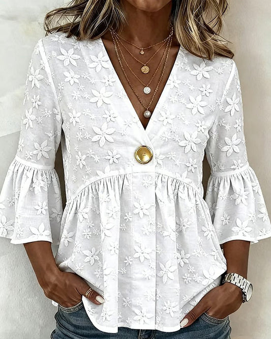 V-Neck Flared Sleeve Cinched Waist Blouse blouse&shirts spring summer