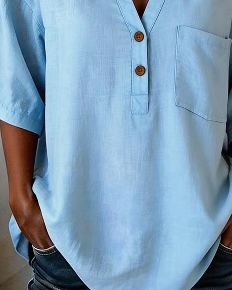 V-Neck Solid Color Three-Quarter Sleeve Shirt