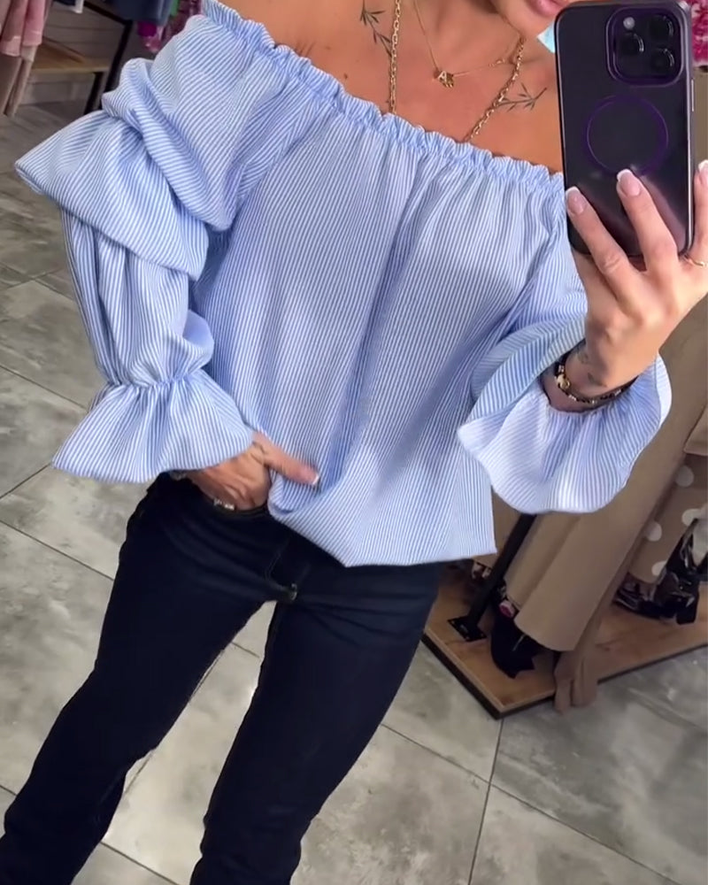 Striped print off-shoulder flared sleeve top blouses & shirts spring summer