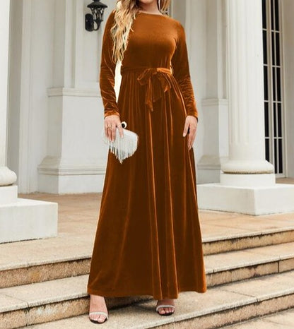Tie Front Round Neck Long Sleeve Maxi Dress Caramel A@Y@Y clothes Ship From Overseas