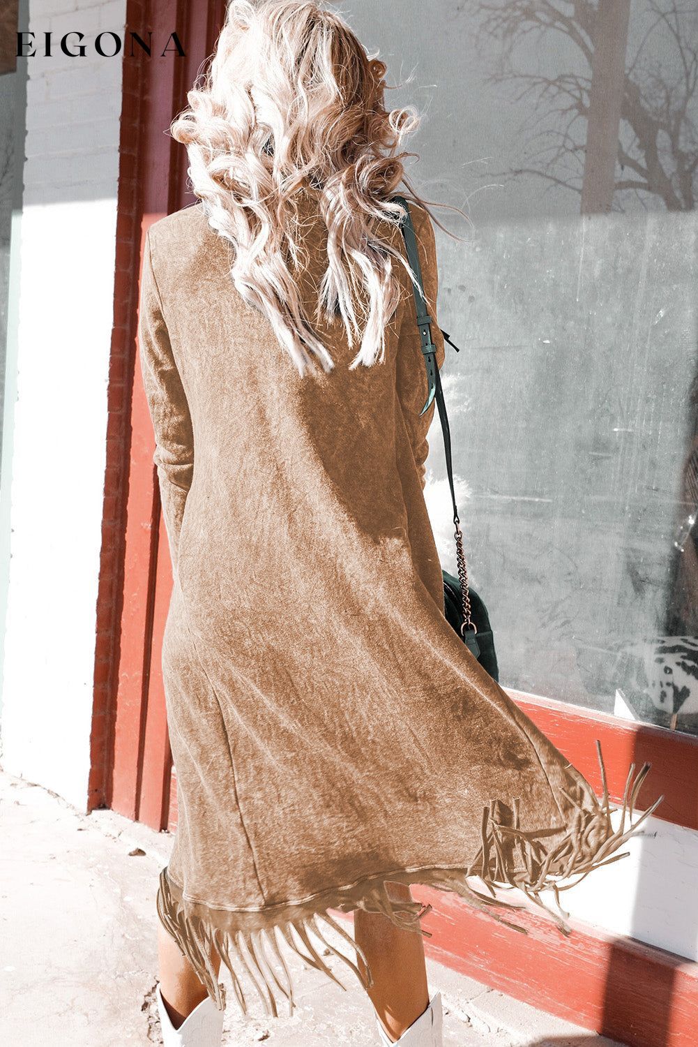 Light French Beige Fringed Hem Pocketed Open Cardigan cardigan cardigans clothes clothing EDM Monthly Recomend