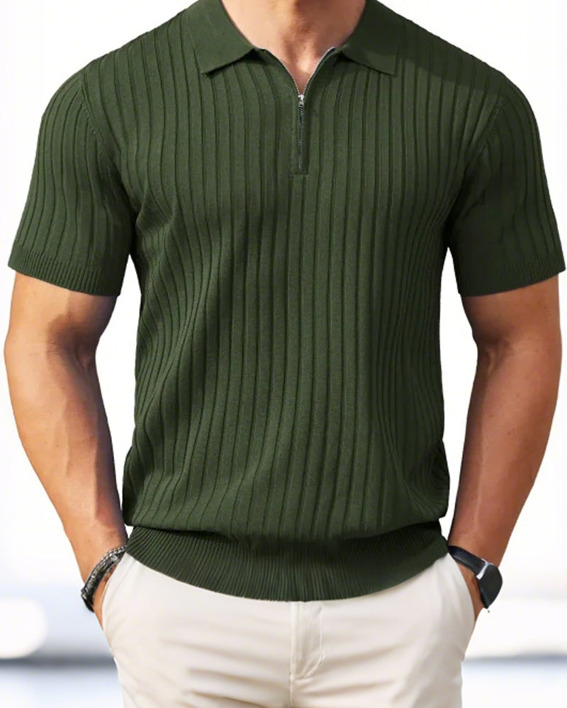 Men's Zipper Short Sleeve Ribbed Knit Polo T Shirts Golf Shirts