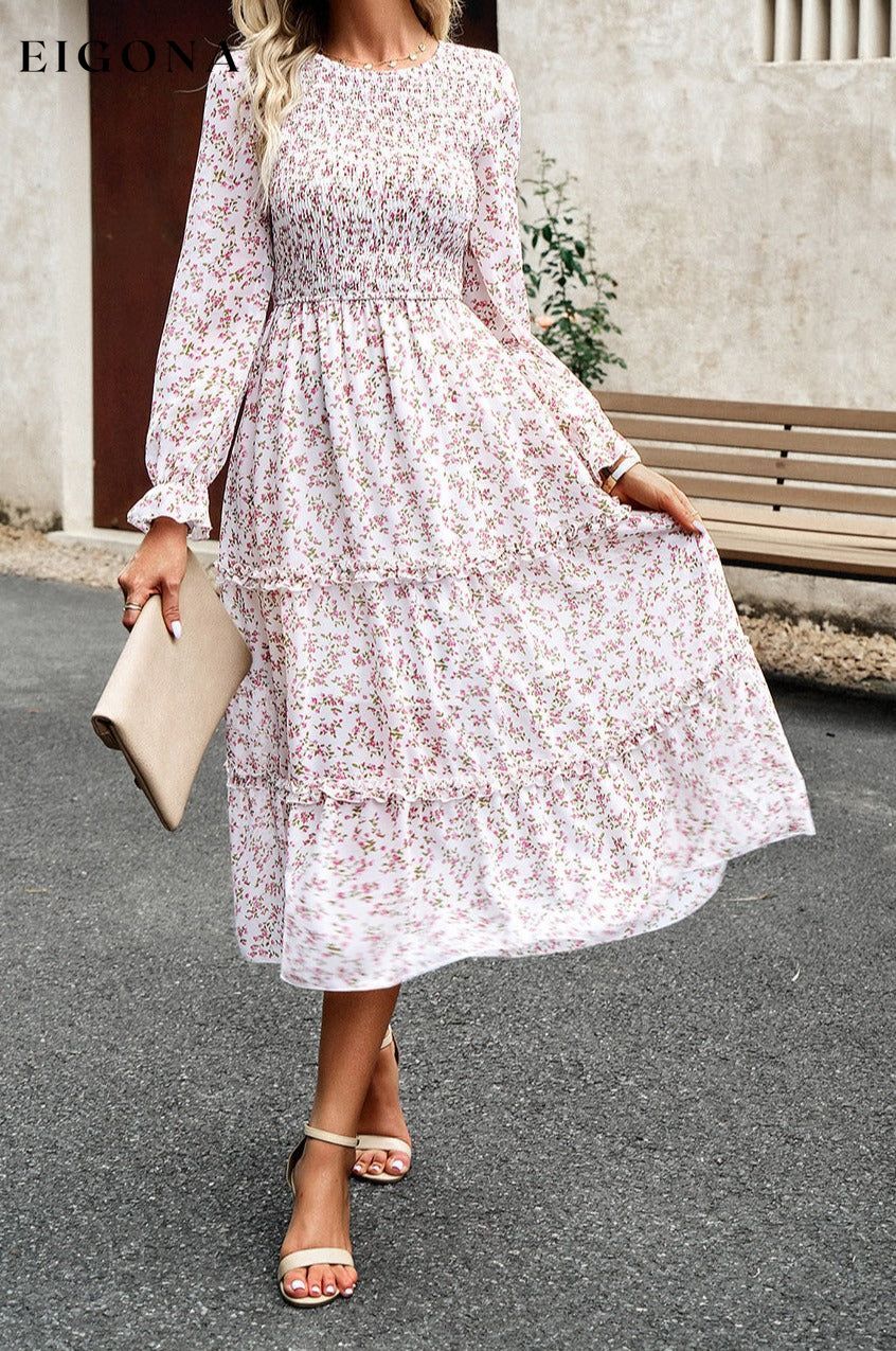 Smocked Flounce Sleeve Midi Dress clothes DY Ship From Overseas trendsi