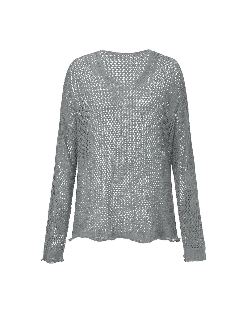 Dames Crochet Hollow Out Hooded Long Sleeve Tops